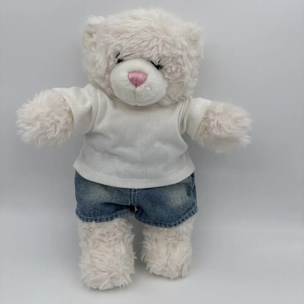 Build A Bear Pink And White Swirl Teddy Bear With Jean Shorts & White Shirt 14”
